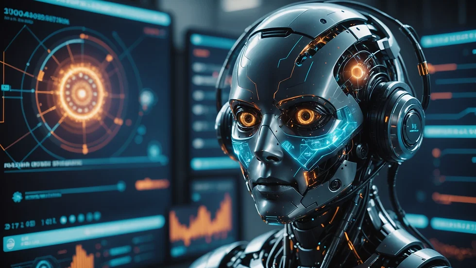 Close-up view of a futuristic AI interface showcasing data analytics